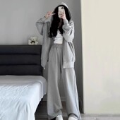 300斤韩版 女春秋大码 学生连帽卫衣两件套阔腿裤 胖mm休闲运动套装