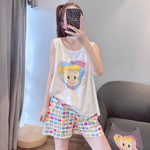 家居服套装 大码 薄款 可爱卡通背心短裤 可外穿 睡衣女胖mm300斤夏季