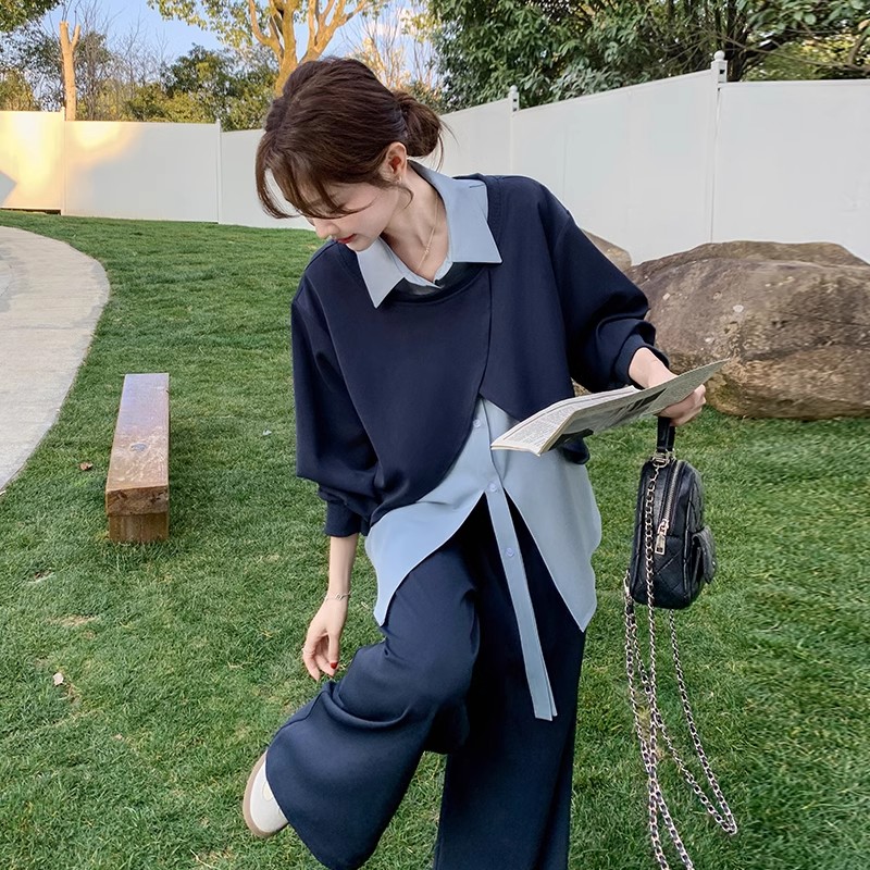 大码衬衫拼接假两件卫衣套装女士