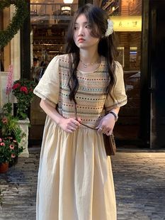 胖mm300斤大码 长裙子 复古刺绣连衣裙女夏季 褶皱甜美宽松显瘦短袖