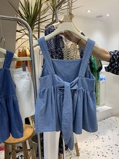 时尚 韩版 百搭后背系带方领牛仔吊带背心女上衣 300斤胖mm夏季 大码