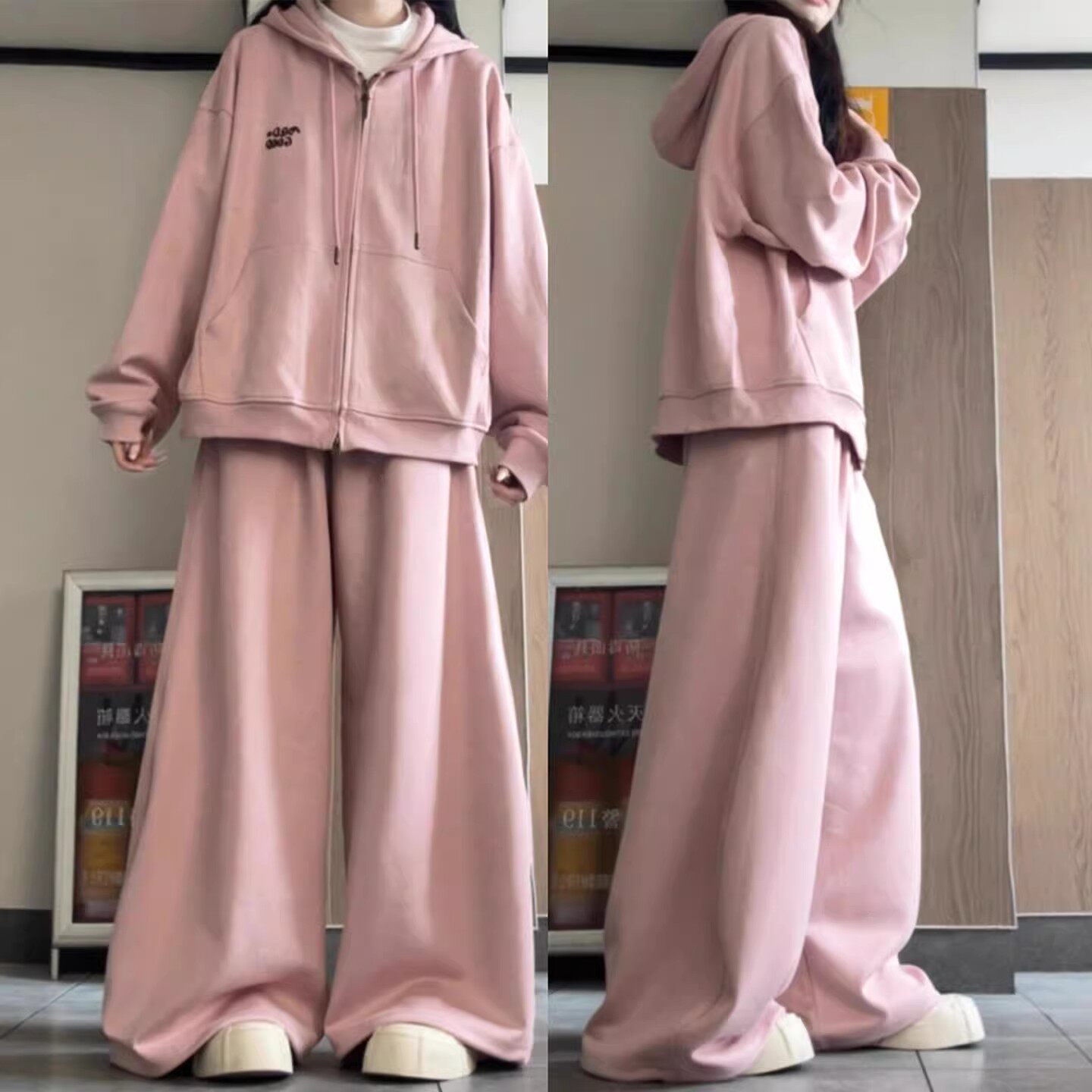 大码休闲运动套装女秋冬学生韩系胖mm300斤连帽卫衣阔腿裤两件套