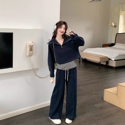 大码藏蓝色卫衣套装女春秋季胖mm