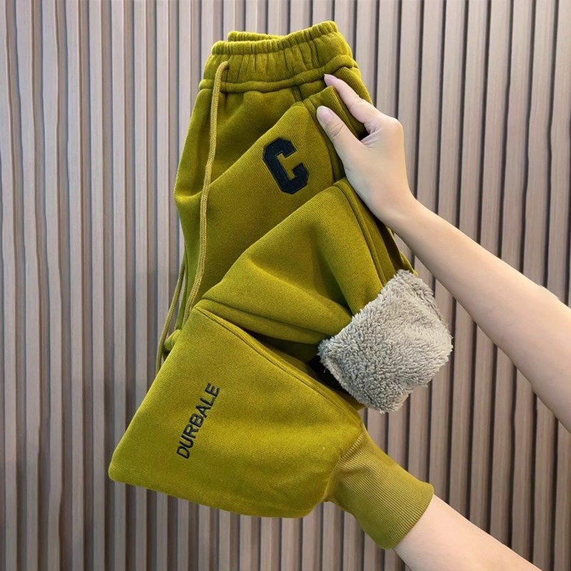 大码秋冬季羊羔绒束脚运动卫裤女