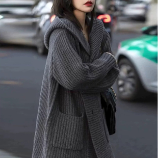 慵懒风连帽开衫针织外套女士秋冬大码胖mm300斤加厚显瘦毛衣宽松