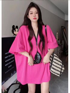 胖mm宽松显瘦遮肚子中长款 t恤女夏季 上衣 300斤慵懒风V领短袖 大码