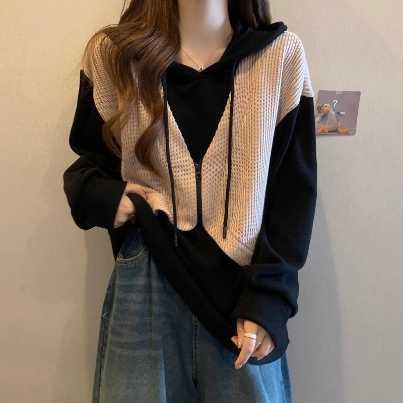 大码遮肚慵懒风假两件长袖卫衣女