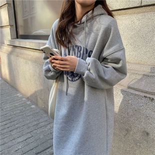 大码连帽卫衣裙女秋冬季加绒加厚胖mm300斤宽松中长款过膝连衣裙