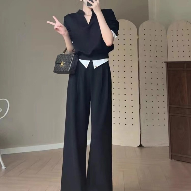 大码时尚拼接运动套装女胖mm300斤春秋显瘦v领正肩长袖上衣直筒裤