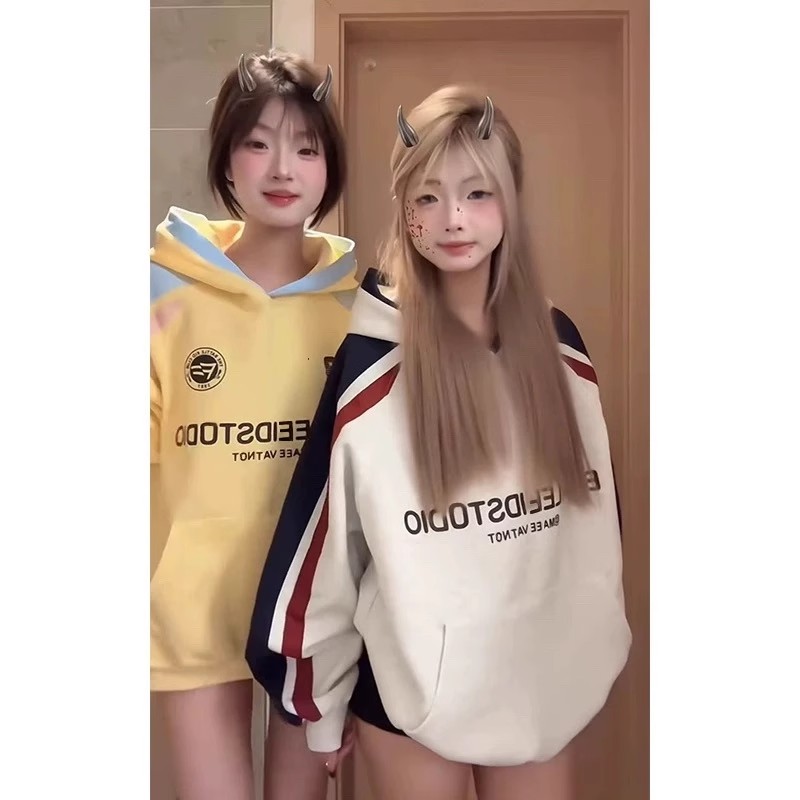 美式复古连帽慵懒风撞色卫衣女士