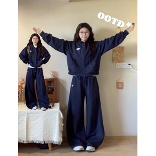 休闲减龄两件套 女春秋胖mm宽松卫衣卫裤 大码 300斤学院风运动套装