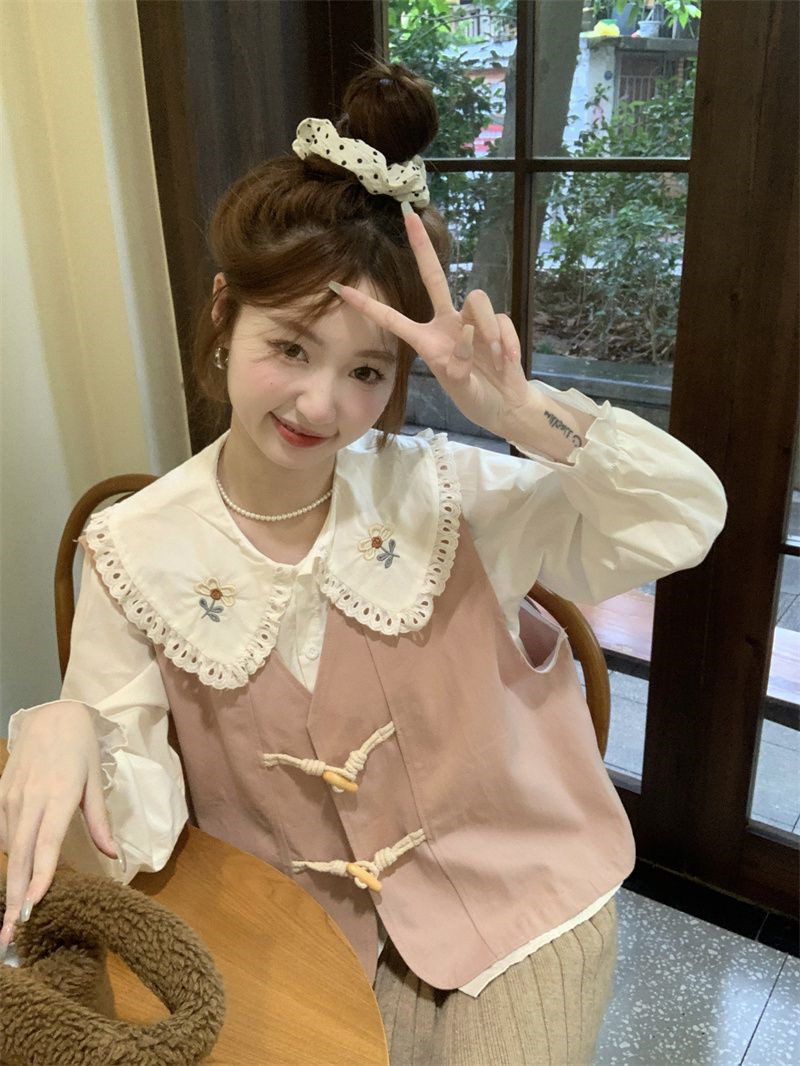 复古娃娃领刺绣衬衫套装女秋季