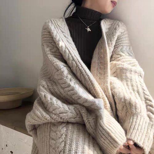 秋冬胖mm复古麻花长款毛衣外套女