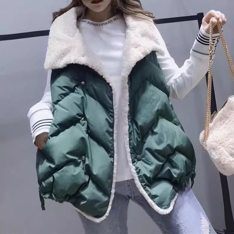 大码胖mm羊羔毛绒拼接马甲棉服女