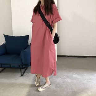 特大码300斤少女感粉色衬衣裙夏季胖MM宽松中长款衬衫连衣裙学生2