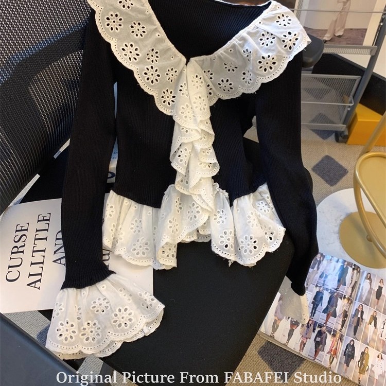 法式撞色蕾丝荷叶边喇叭袖T恤女