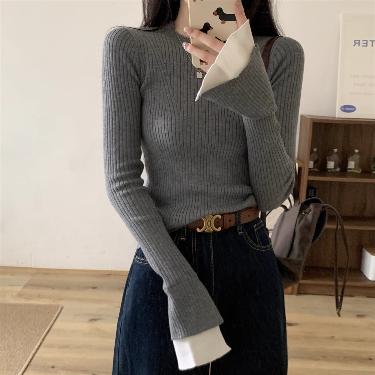大码灰色喇叭袖针织衫女春秋冬季