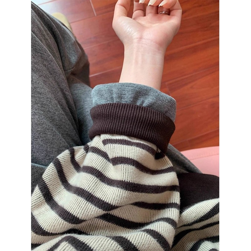 大码复古港味条纹别致卫衣女秋冬