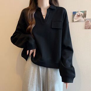 春秋胖mm宽松设计感口袋卫衣 遮肚正肩POLO领打底衫 300斤大码 女装
