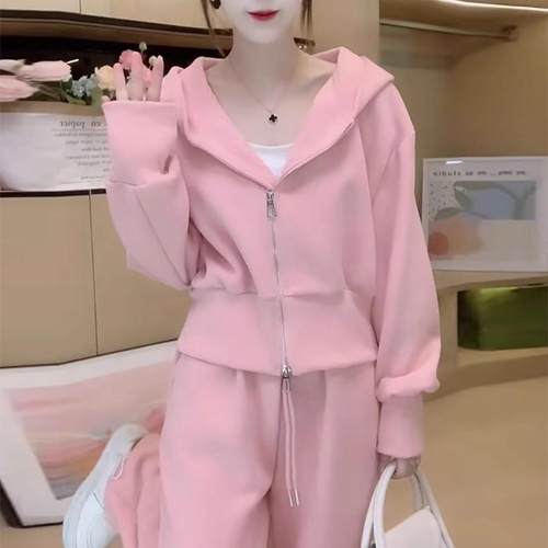 大码粉色卫衣连帽休闲运动套装女