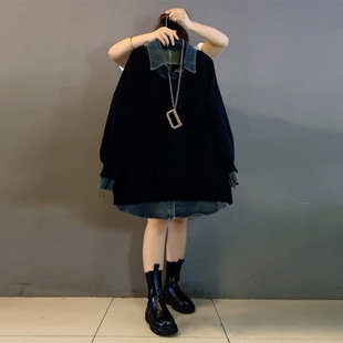 大码300斤胖mm韩版宽松设计感牛仔领拼接卫衣女春秋宽松藏肉上衣