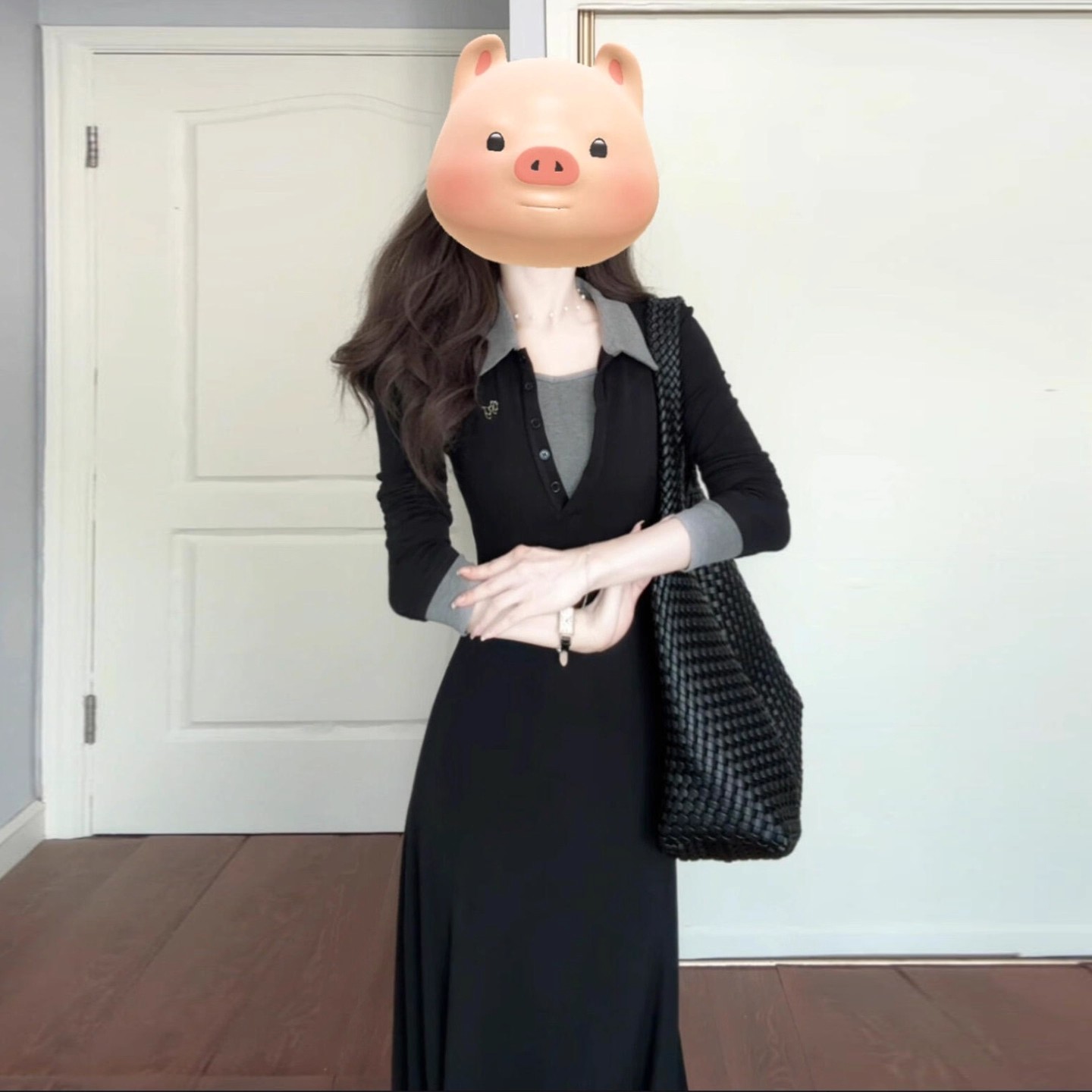 法式黑色长袖v领polo连衣裙子女