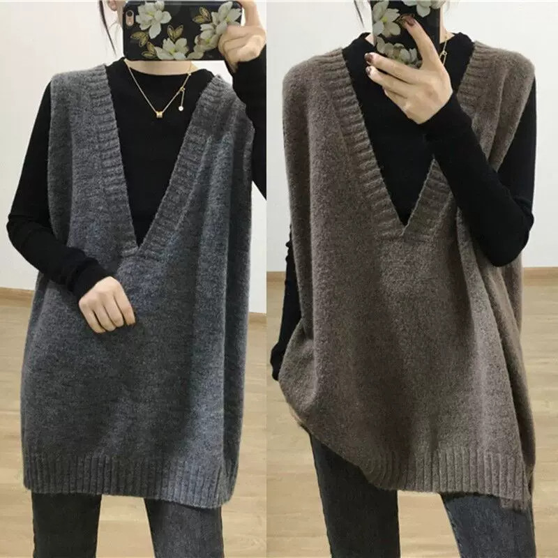 大码胖mm秋冬韩版慵懒百搭V领针织马甲中长款背心女300斤宽松坎肩
