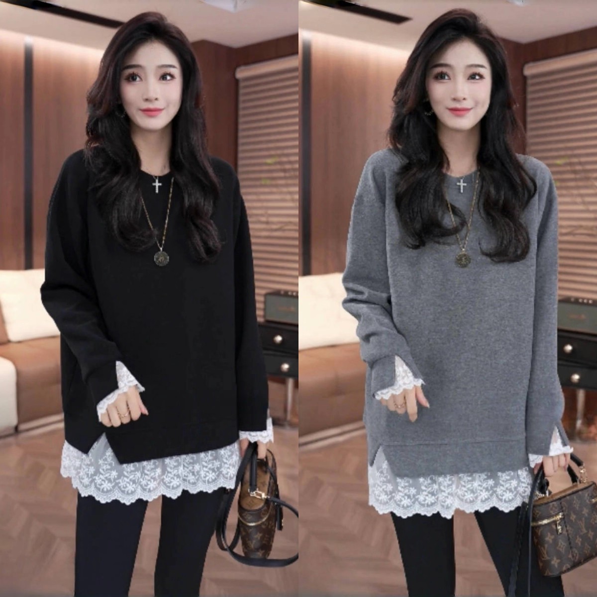 假两件蕾丝拼接中长款打底上衣女