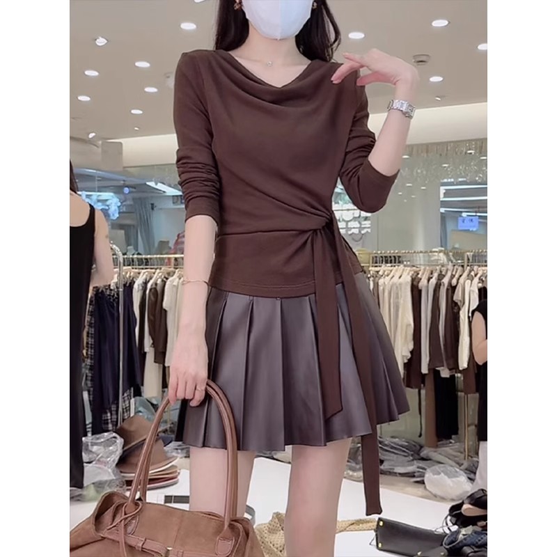 大码300斤荡领长袖t恤女早秋胖mm