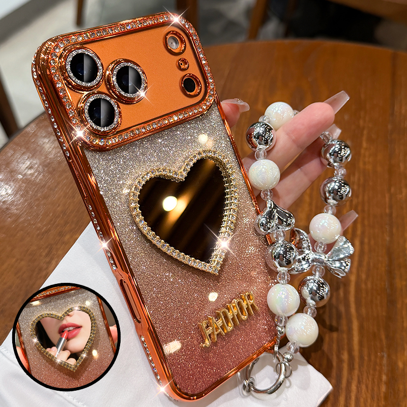 奢华水钻镜子适用苹果17promax手机壳新款iPhone16全包镜头防摔15pro高级感女款14带挂绳13小众12硅胶保护套
