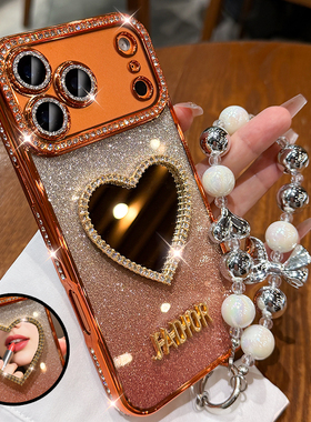 奢华水钻镜子适用苹果17promax手机壳新款iPhone16全包镜头防摔15pro高级感女款14带挂绳13小众12硅胶保护套