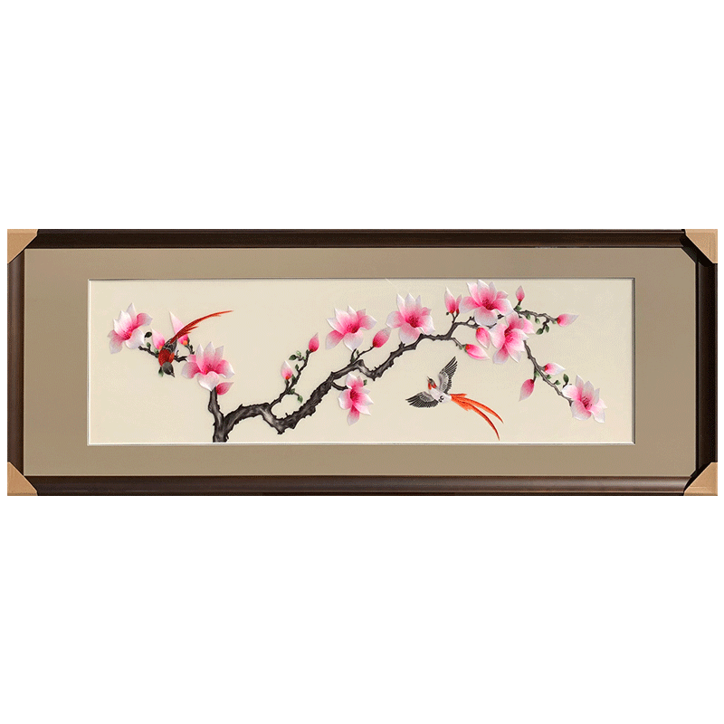 手工苏绣刺绣玉兰花鸟客厅书房卧室床头中式简约现代风格装饰挂画
