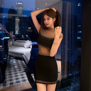 FAY【隐适美】透视辣妹网纱高弹撞色包肩袖早秋ins风显瘦连衣裙