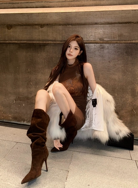 FAY【隐缀甜欲】套头针织纯欲刺绣小众连衣裙性感包臀短裙配袖套