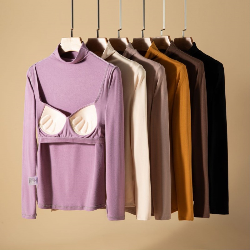 新款保暖内衣女秋冬带胸垫秋莫代尔加绒罩杯一体半高领长袖打底衫