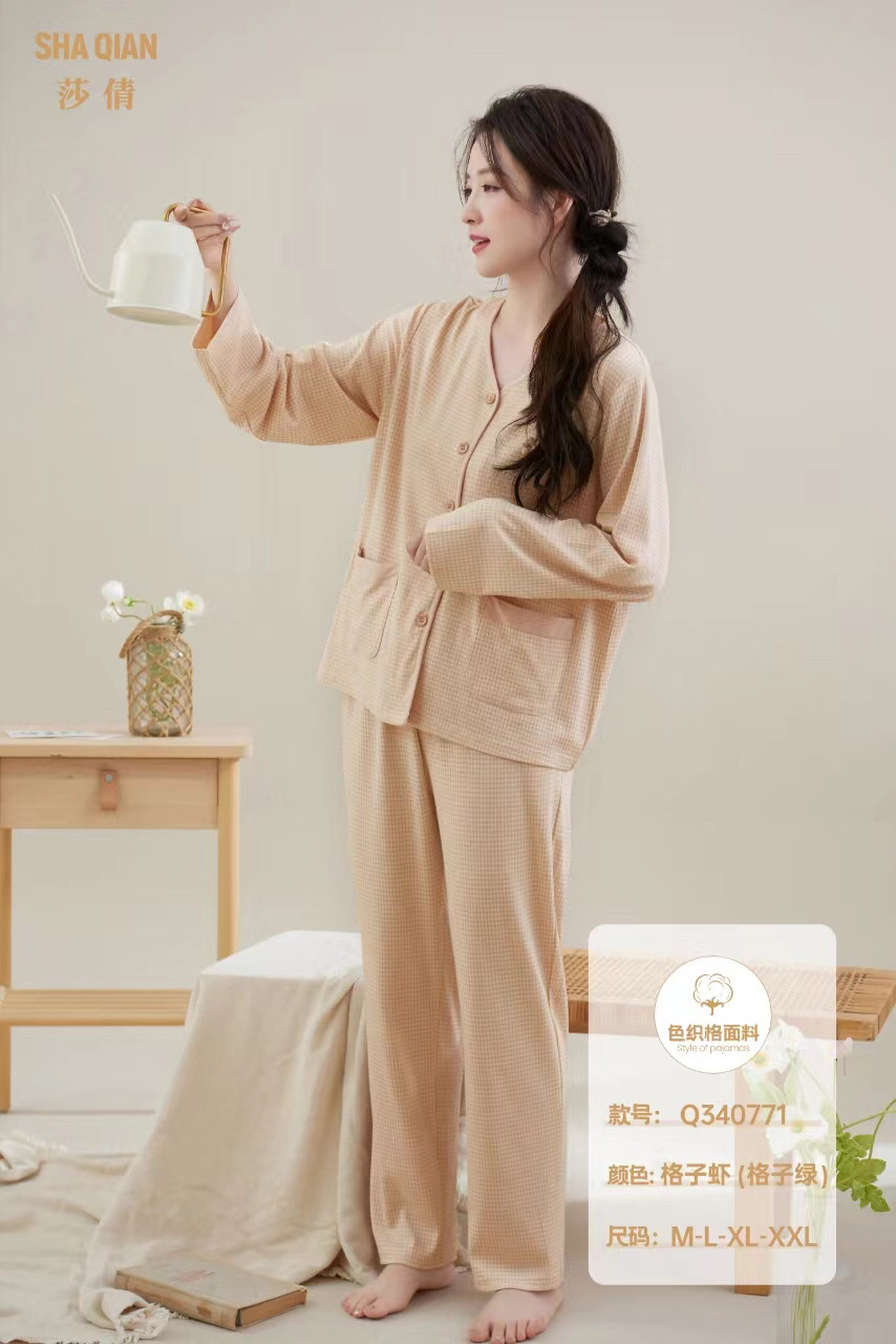 莎倩睡衣2024秋冬新款 女色织格纯棉开衫睡衣薄款家居服
