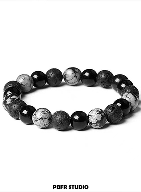 雪花纹黑曜石珠子串珠男士手链