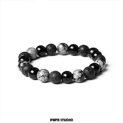 雪花纹黑曜石珠子串珠男士手链