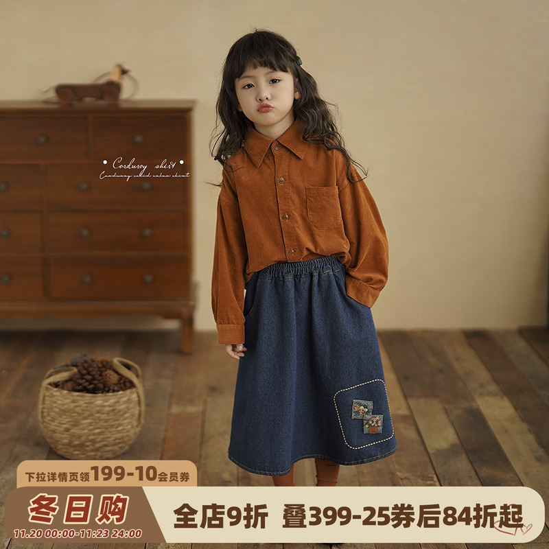 砚台家亲子装橘色女童衬衣秋冬款儿童灯芯绒衬衫女孩宝宝纯棉上衣