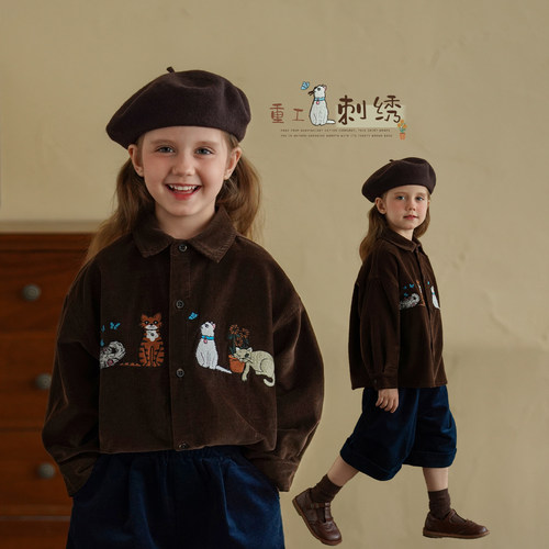 女童纯棉灯芯绒衬衫儿童加绒衬衣