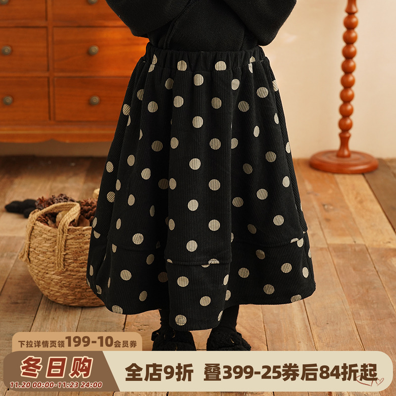 砚台家复古儿童灯芯绒波点长裙