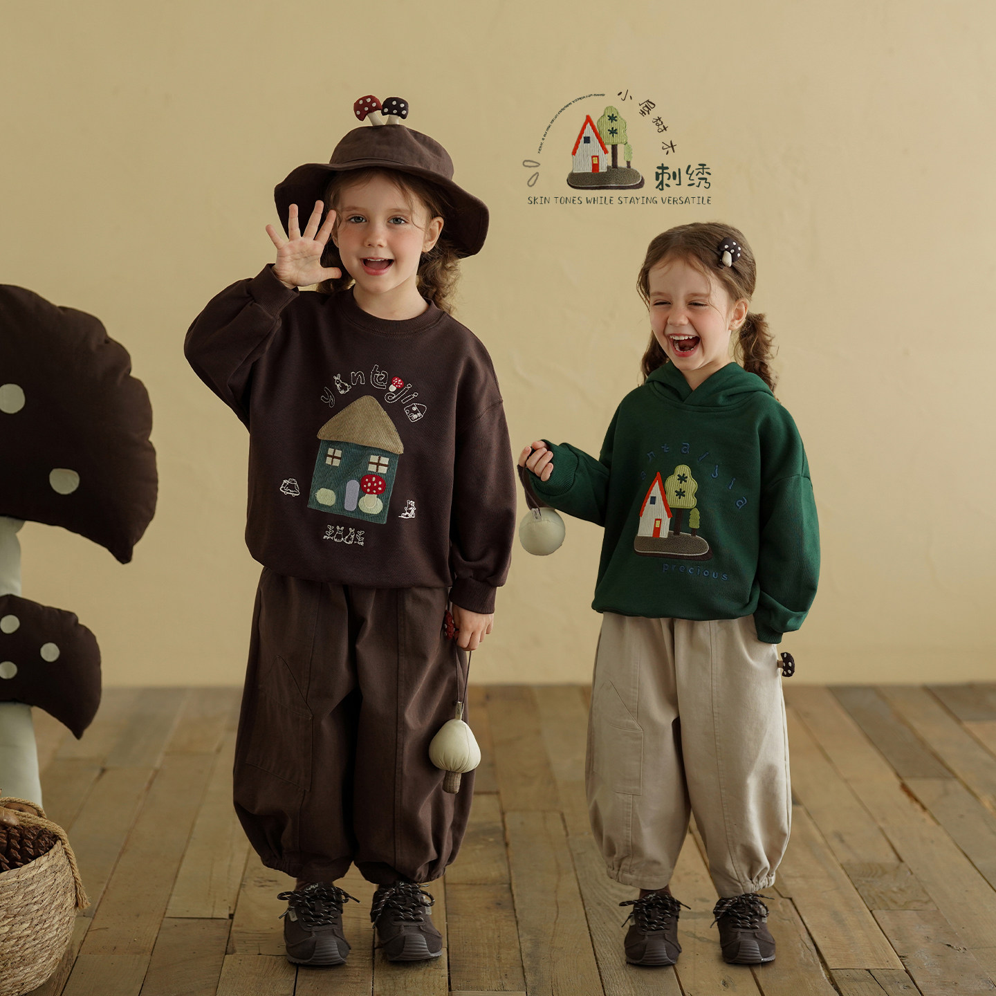 砚台家童装女童纯棉连帽卫衣2026春秋新款帽衫儿童刺绣立体套头衫