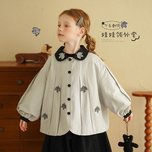 砚台家女童娃娃领刺绣外套2026春装新款儿童短款洋气宝宝开衫上衣