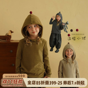 上衣女宝宝打底衫 砚台家女童德绒A类条纹T恤秋冬新款 儿童连帽长袖