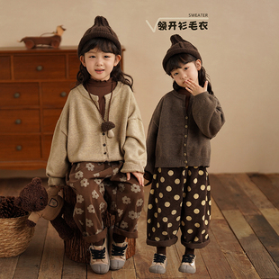 砚台家童装森系儿童针织开衫女童V领毛衣外套宝宝长袖上衣春秋款