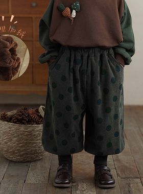 砚台家韩范儿童绿色波点束脚裤女童加绒灯芯绒裤子宝宝长裤冬季