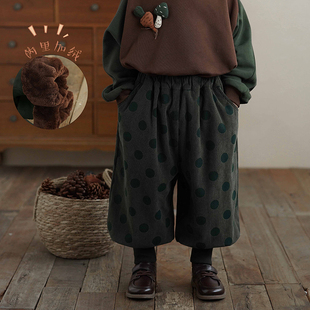 冬季 子宝宝长裤 女童加绒灯芯绒裤 砚台家韩范儿童绿色波点束脚裤