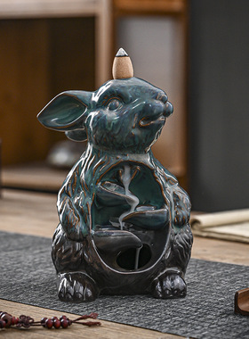 跨境倒流香檀香炉家居摆件创意陶瓷兔子左右逢源回流香薰炉工艺品