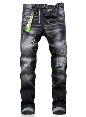 2025DS春秋新款破洞小脚男士破洞潮夜店港风黑色紧身高品质D2男