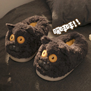 男冬 居家情侣包跟保暖防滑厚底室内毛绒棉鞋 可爱灰猫棉拖鞋 女冬季